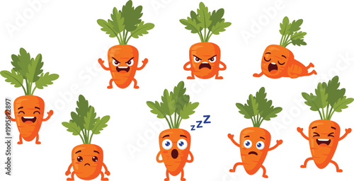 Cartoon Carrot Character Set with Different Emotions including Sleeping, Happy, Angry, and Surprised for Fun, Food, and Lifestyle Designs
