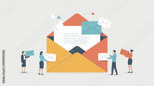 A group of people standing around a large colorful envelope exchanging letters and communicating effectively.