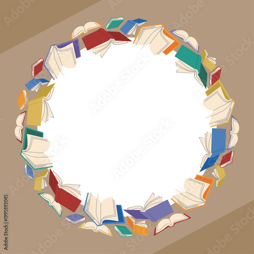 Colorful flying books round frame, circle border with open and closed books, education and reading concept