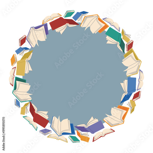 Colorful flying books round frame, circle border with open and closed books, education and reading concept