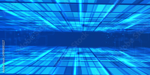 Neon light corridor background. Abstract led and laser stage in futuristic club room. Empty dance concert hall for fashion party. Cyber interior bg with catwalk and glow line in pink and blue.