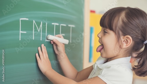 There is a little girl writing on a blackboard with chalk