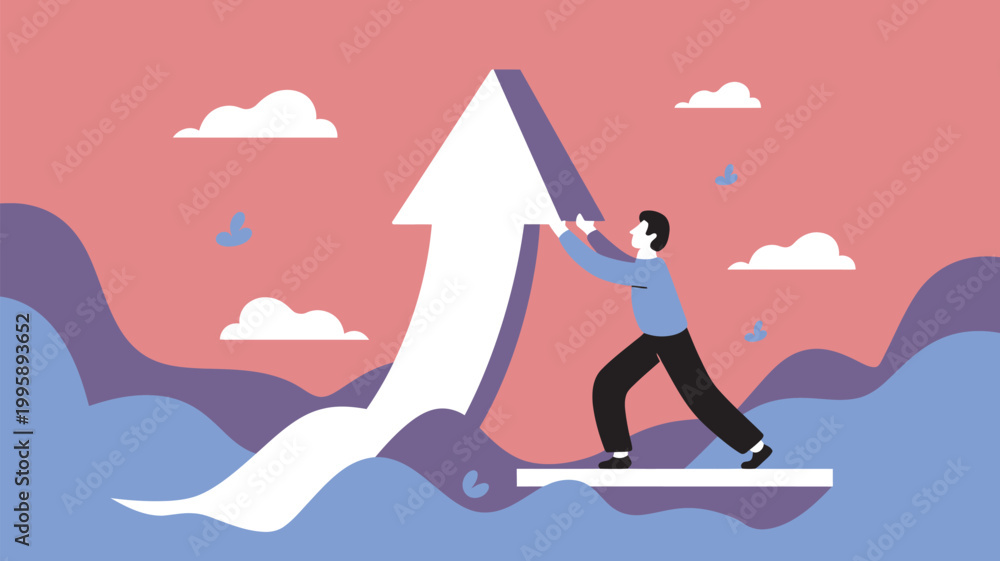 Fototapeta premium A man pushing a large white arrow upwards on a platform with a pink and purple background