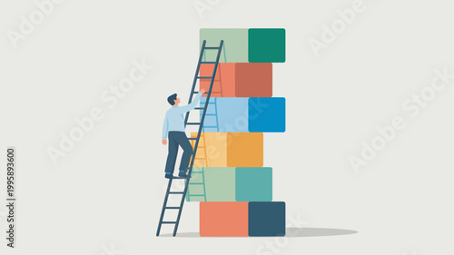 A man climbing a ladder to reach the top of a stack of colorful blocks