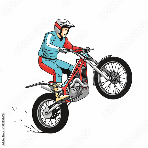 Illustration of a motorcyclist in a blue and red outfit performing a stunt on a red motorcycle against a white background.