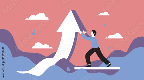 A man pushing a large white arrow upwards on a platform with a pink and purple background