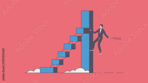 A businessman in a suit climbs a staircase of blue blocks to reach a high bar graph on a pink background