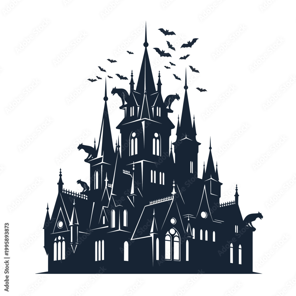 Obraz premium Spooky Gothic Castle Silhouette with Bats and Gargoyles