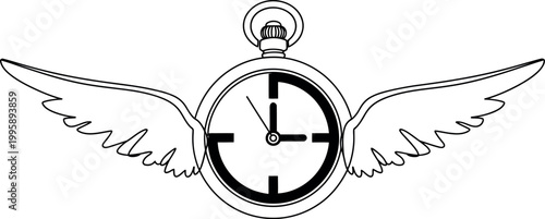 A minimalist and impactful line art illustration features a classic pocket watch with elegant wings extending from its sides, powerfully symbolizing the rapid passage of time, urgency, fleeting moment
