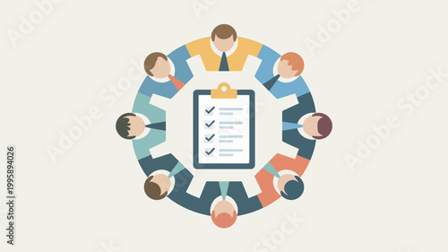 A diverse group of people sitting in a circle around a clipboard with a checklist, collaborating and working together as a team.