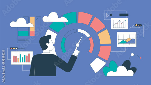A businessman analyzing a colorful pie chart surrounded by various graphs and charts in a modern office setting.