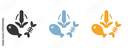 Food waste icon vector illustration set showing discarded apple core, fish bone, and chicken leg for waste management and sustainability design