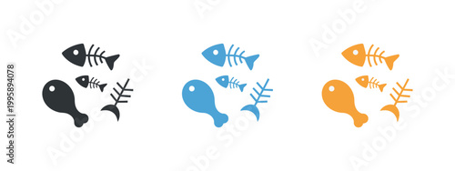 Food waste icon vector illustration set showing discarded apple core, fish bone, and chicken leg for waste management and sustainability design