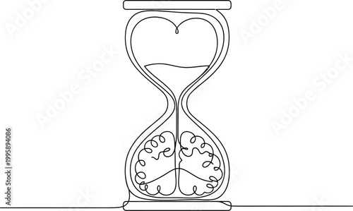 A captivating continuous line art drawing features an hourglass, with a detailed anatomical heart filling its upper bulb and a complex brain structure occupying its lower bulb, symbolizing the delicat