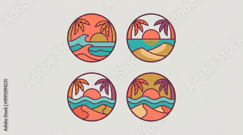 Set of four minimalist tropical beach landscape badges