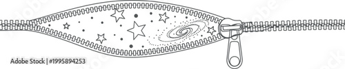 A zipper is partially undone, revealing a swirling galaxy, stars, and nebulae within its opening, symbolizing the hidden wonders of the universe or the unveiling of cosmic mysteries.