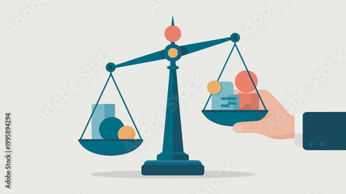 A hand holding a scale with money and objects on both sides, symbolizing financial balance and justice.
