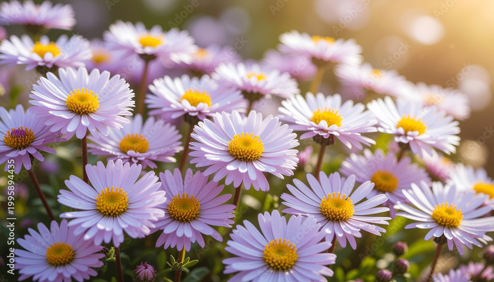 Fototapeta premium Lavender asters blooming in warm golden sunlight.