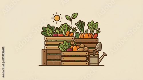 Harvest concept with fresh vegetables in wooden crates and gardening tools