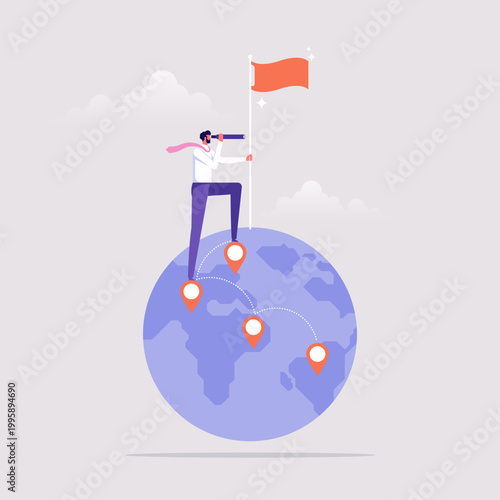Business opportunity concept, globalization or global business vision, businessman standing on earth and using telescope to see vision or future opportunity
