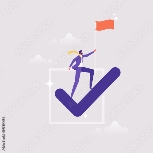 Checklist to succeed and achieve goal, winner progress, planning, finish work concept, success businessman holding winner flag on checklist