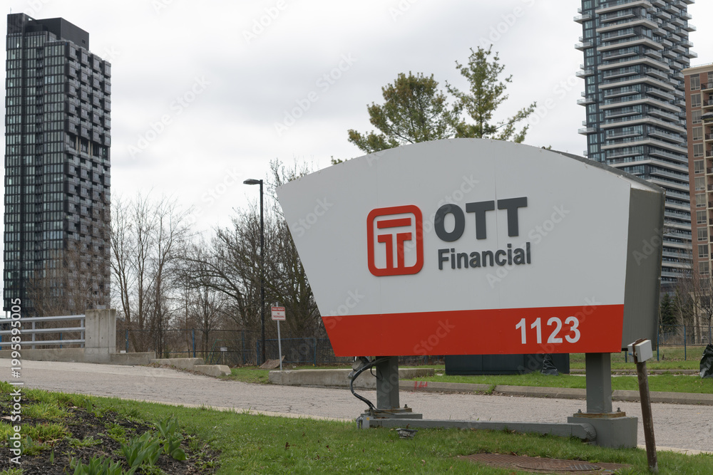Naklejka premium roadside pylon sign outside OTT financial headquarters at 1123 Leslie St; a hub for fintech and wealth management in Toronto, April 2026