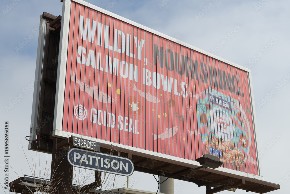 Obraz premium roadside tri-vision billboard, advertising Gold Seal fish products on Lake Shore Blvd E, Toronto