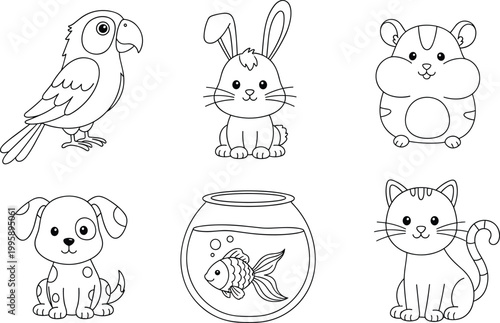 Vector illustration of cute pets including parrot, rabbit, hamster, dog, cat, and fish for animal lovers and pet care