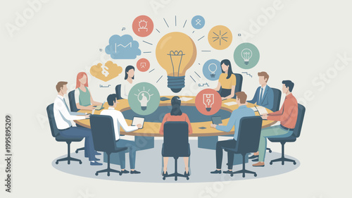 A diverse group of people sitting around a table with a lightbulb and various icons above them, representing a brainstorming session or business meeting.