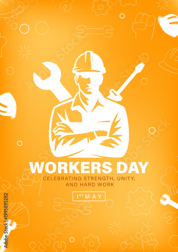 Happy Labor Day 1st May Poster with Worker Silhouette, International Workers Day Illustration on Orange Background, Industrial Construction Worker Greeting with Tools and Gear, Workers Day Celebration