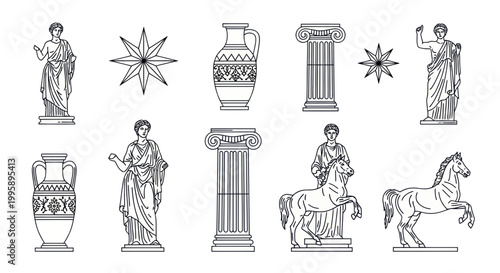 Ancient Greek Roman Statues, Columns, Vases and Horse Illustrations