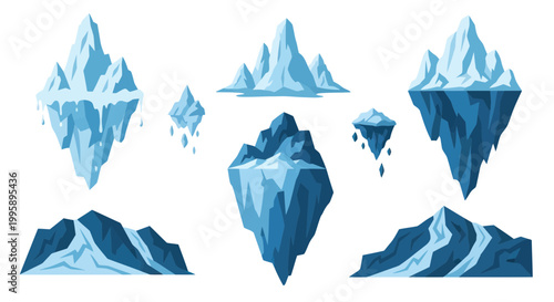 Collection of Floating Icebergs and Glacial Formations in Arctic Landscape