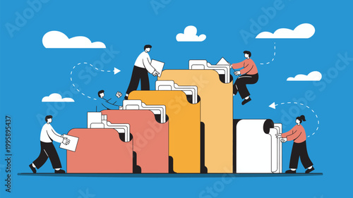 A group of people working together to organize and manage a large stack of files and documents in a colorful and dynamic illustration.