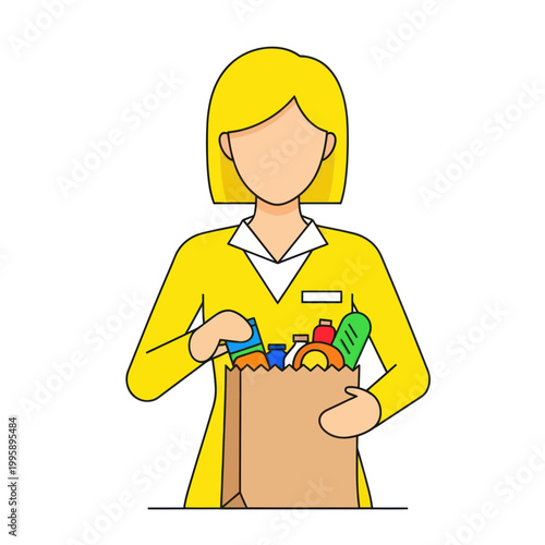 Grocer holding shopping bag with groceries, flat illustration