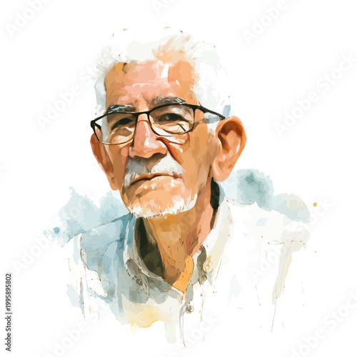 Elderly caucasian male with glasses - watercolor portrait