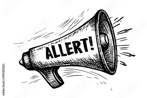 Hand-drawn megaphone illustration with alert message in black and white
