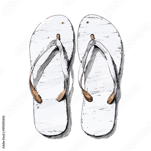 Black and white sketch of classic flip-flops with straps on white background
