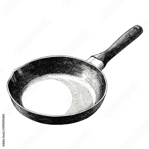 Detailed line drawing of a cast iron skillet with wooden handle