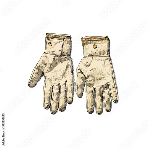 Vintage leather work gloves illustrated on white background