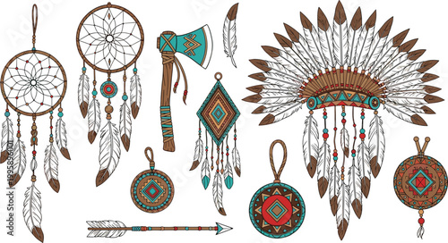 Native American Tribal Elements Collection Featuring Dreamcatchers, Feather Headdress, Axe, Arrow, and Ethnic Ornaments for Cultural, Boho, and Western Design Projects.