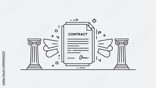 A contract document with a signature between two ancient Greek columns with wings and mathematical symbols around it.
