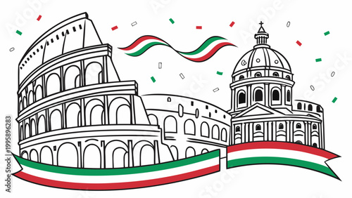 Illustration of colosseum and italian landmarks with tricolor ribbon celebrating republic day in italy festive and patriotic theme