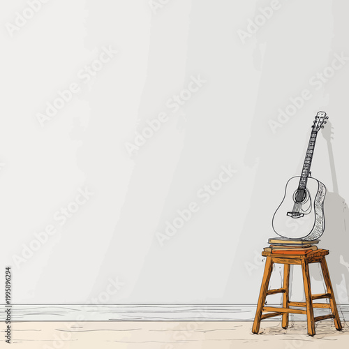 Sketch of acoustic guitar on wooden stool in minimalist room with empty wall