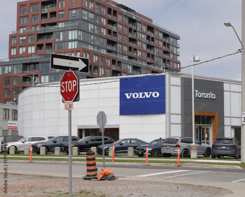 Fototapeta premium exterior building and sign of Volvo Cars Toronto, a dealer, located at 43 Eastern Av, Toronto