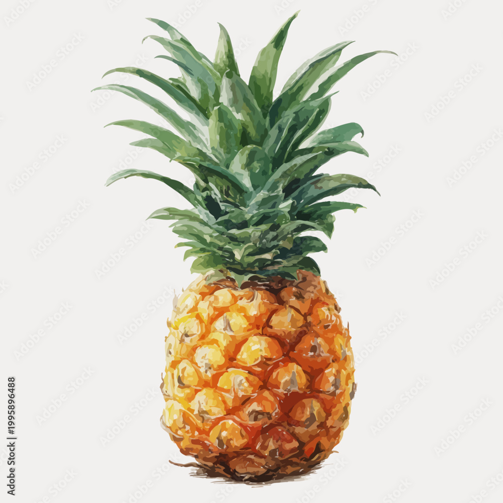 Fototapeta premium Detailed watercolor pineapple illustration with green leaves