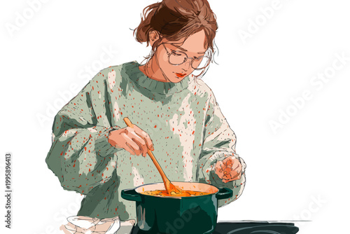 Young caucasian female cooking in cozy kitchen environment