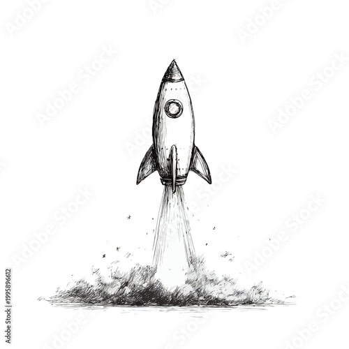 Sketch of rocket launch with smoke and stars in black and white