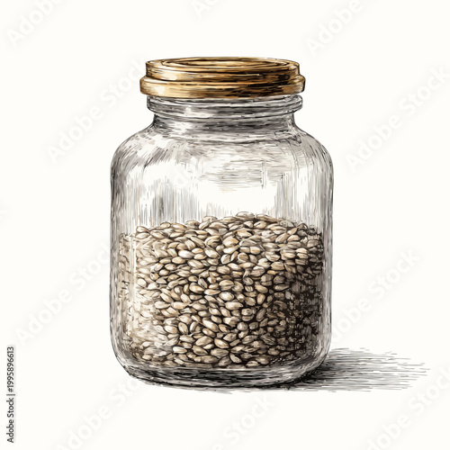Glass jar filled with organic seeds on white background