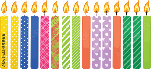 Vector illustration of colorful decorative candles with patterns and flames for celebration and decoration