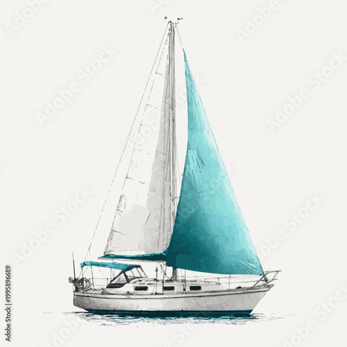 Elegant sailboat with turquoise sail on calm waters